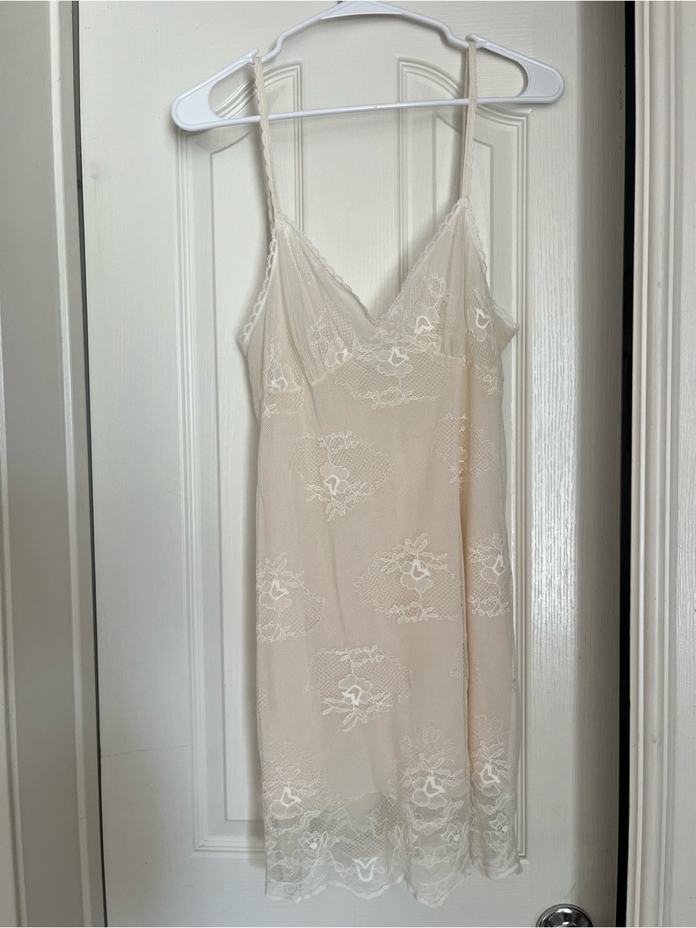 XOXO Vintage Cream Sheer Mesh Slip Dress with Lace Embroidery